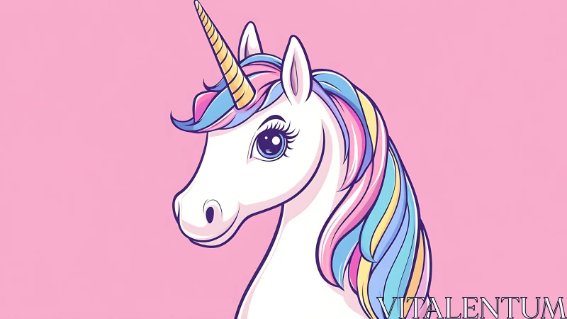 White unicorn portrait shows pastel rainbow mane on pink