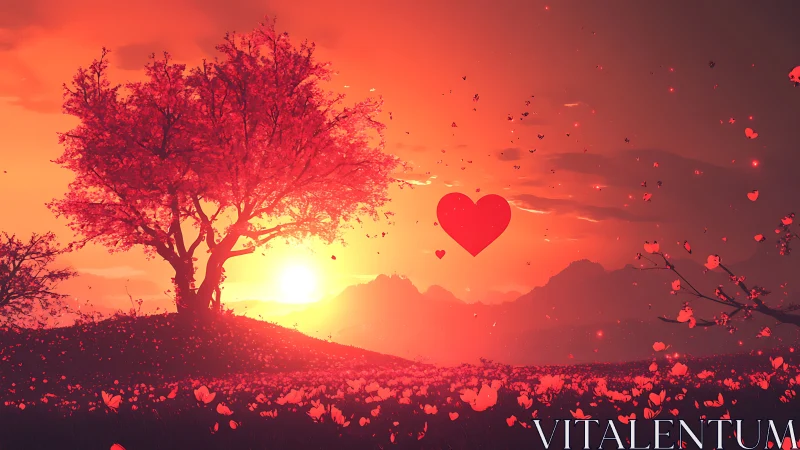 Romantic Sunset Landscape with Heart Motifs and Flowering Tree.