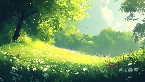 Sunlit wildflower meadow slopes beneath lush green trees.