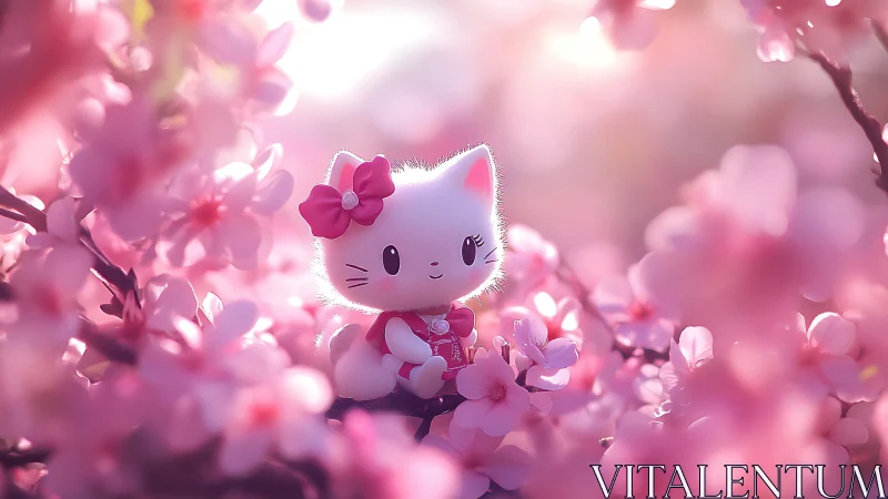 Cute white cat toy in soft pink cherry blossoms glow.