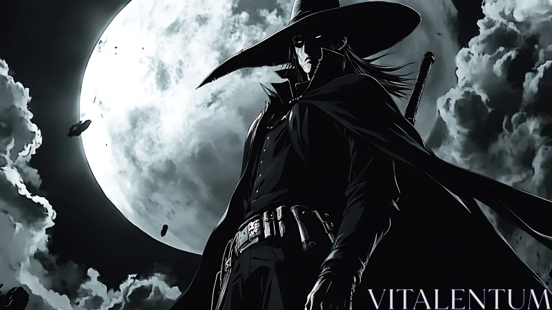 Moonlit anime gunslinger silhouette under looming full moon.