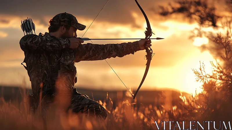 Sunset bowhunter drawing silence tight across the sky.