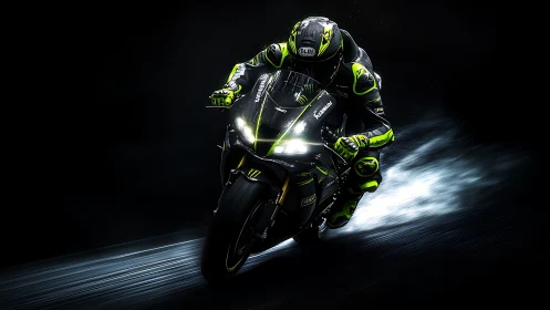 Motorcycle racer in neon gear on dark wet track.
