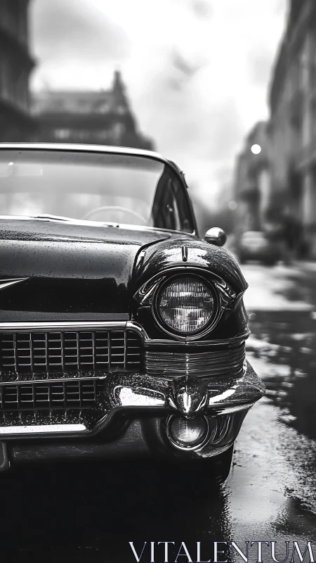Chromed classic sedan in wet urban street perspective study.