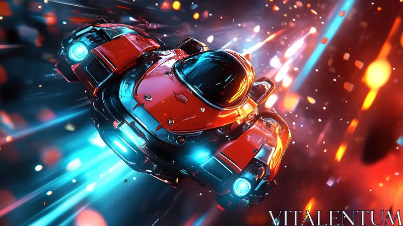 Daring red space pod races through glowing cosmic trails