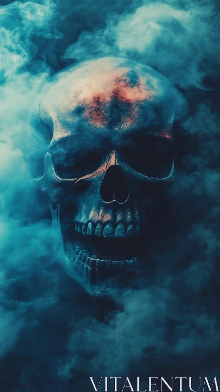 Smoke-drenched skull grins through cyan mist and ember light