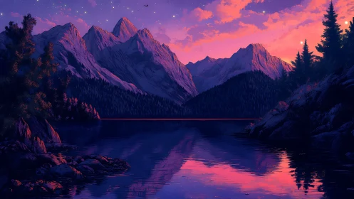Twilight alpine lake beneath luminous violet peaks.