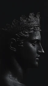High-contrast bronze bust profile with laurel crown in shadow