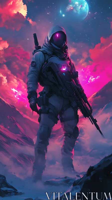 Neon-armored astronaut on alien ridge under glowing planet.
