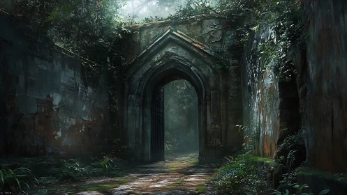 Overgrown gothic stone gateway channels diffuse forest light