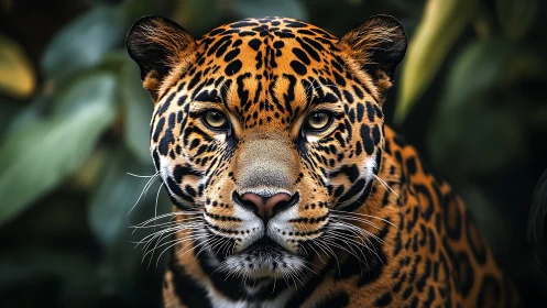 Jaguar portrait captures piercing gaze in lush jungle
