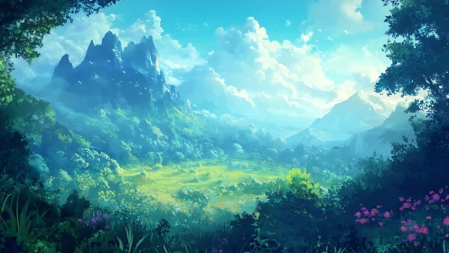 Fantasy Mountain Valley with Towering Peaks.