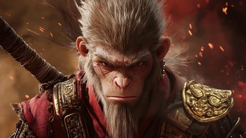 Cinematic 3D warrior monkey rendered with dramatic ember lighting