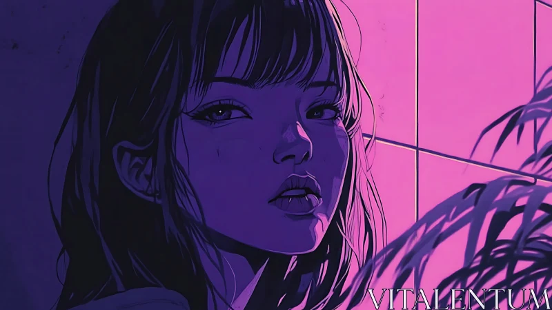 Neon twilight brushes her gaze into electric stillness