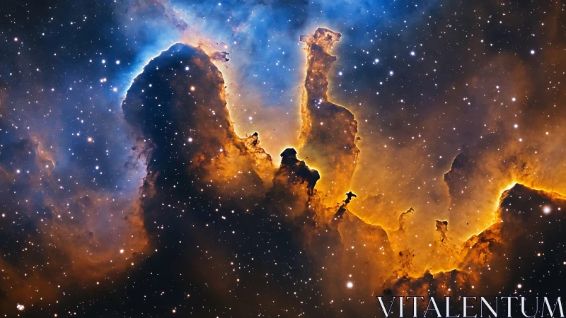 Ionized nebula pillars glowing in deep cosmic dust field.