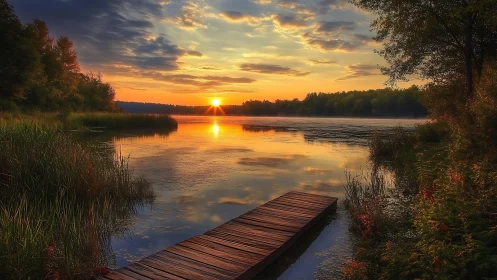 Sunlit wooden pier dreaming over a glassy twilight lake.