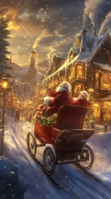 Santa’s sleigh glides through a glowing snowy village street.