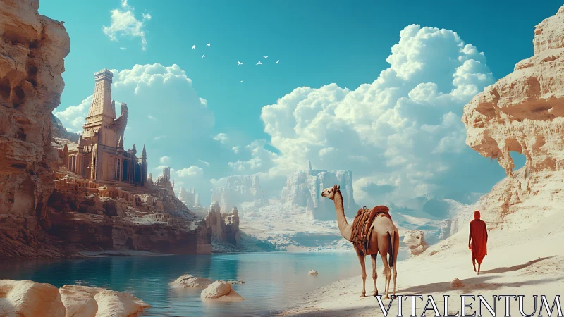 Camel pilgrim crossing dreamlit desert river to carved citadel.