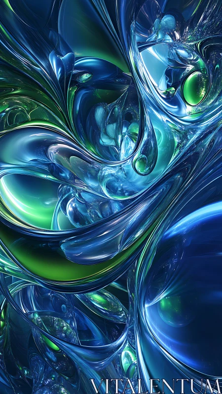 Liquid chrome vortex in blue and emerald reflections.