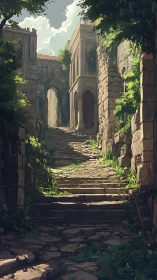 Sunlit stone stairway invites wanderers into quiet ruins