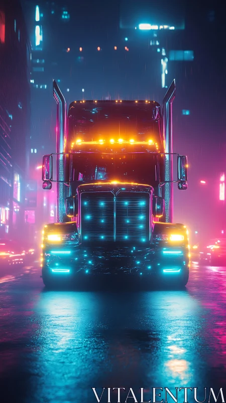 Neon semi truck dominates rainy cyberpunk city street.
