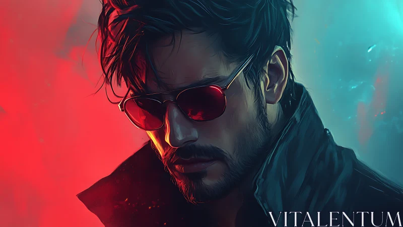 Brooding man in red sunglasses framed by neon split lighting