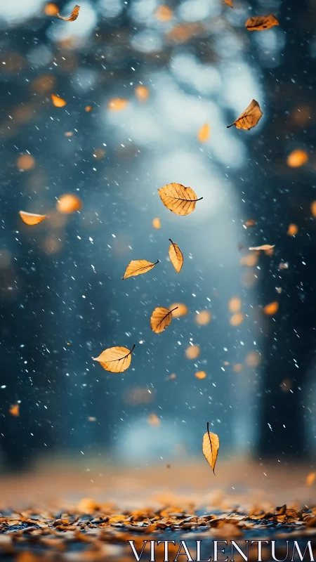 Falling autumn leaves over a blurred forest path scene.