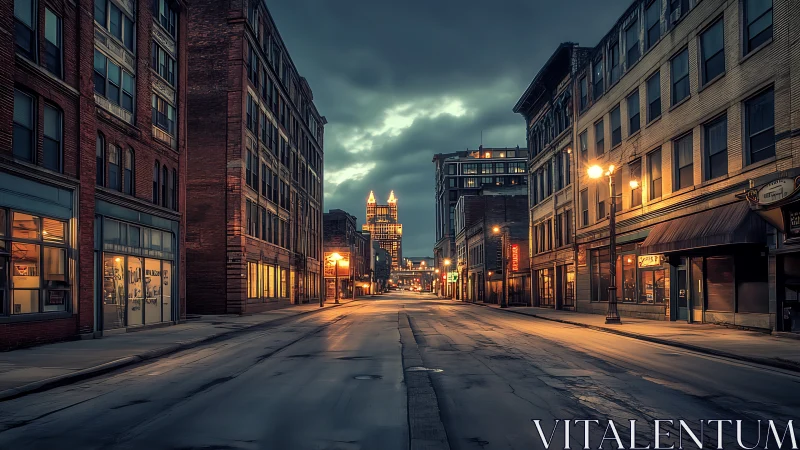 Deserted downtown street glows under moody twilight sky