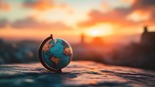 Glowing sunset cradles a tiny globe filled with gentle wanderlust