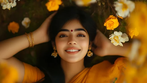 Warm-toned portrait with floral bokeh and soft optical focus.