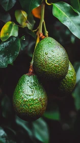 Rain-kissed avocados hanging on lush green tree branch.