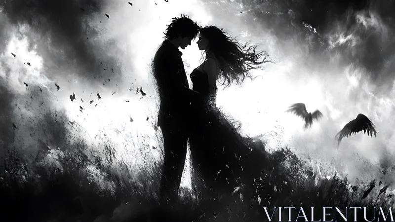 Silhouetted Couple Embracing in Stormy Atmosphere.