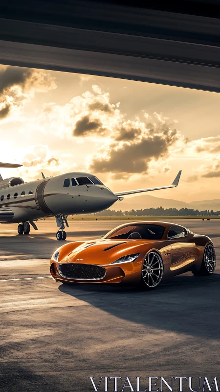 Orange supercar and private jet at golden hour runway scene