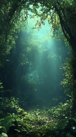 Verdant Cathedral: Light Through Jungle Corridor.