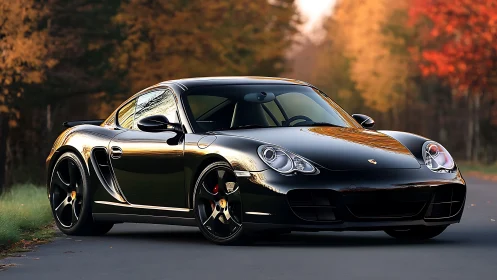 Black sports coupe parked on forest road at sunset.