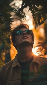 Male portrait framed by foliage in warm sunset backlight.