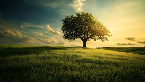Solitary tree stands on grassy hill under directional sunset