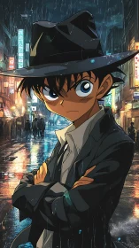 Young male in trench coat on rainy neon city street.