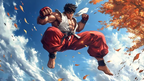 Martial artist midair kick over bright autumn sky scene.