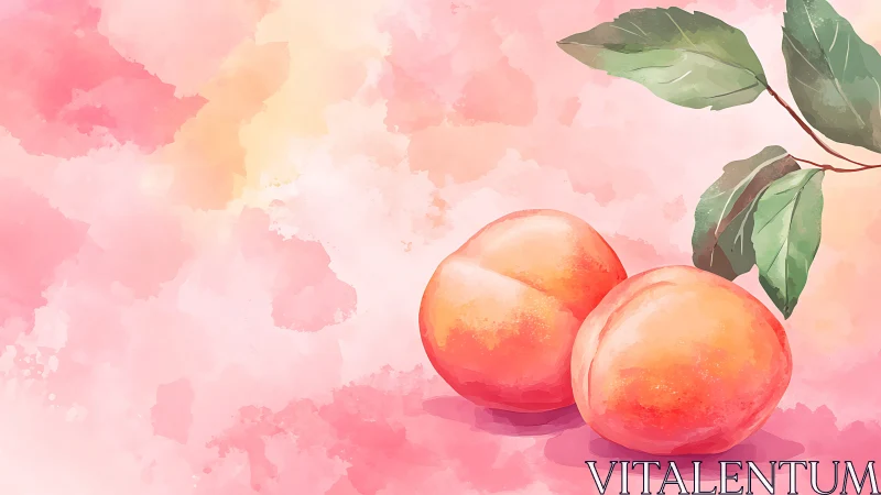 Juicy peaches glow against a dreamy pink watercolor sky.