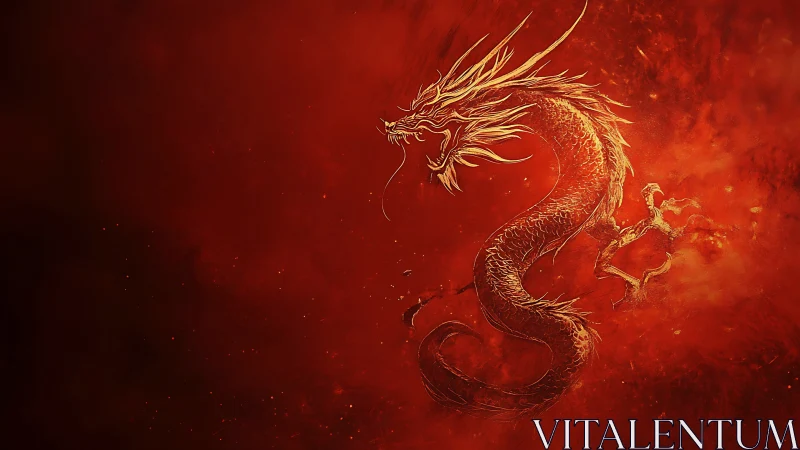 Digital painting of coiled fire dragon on red nebula field.