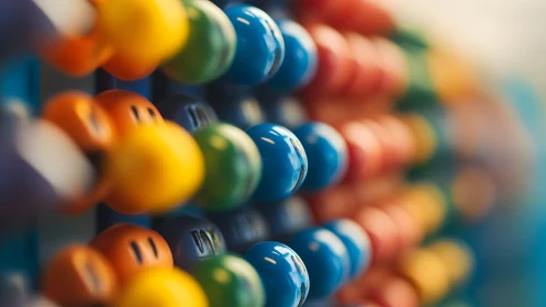 Macro closeup of colorful plastic abacus beads in shallow focus