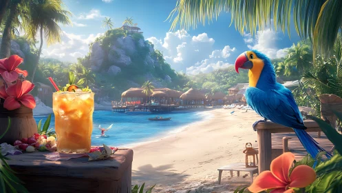 Colorful parrot and tropical drink welcoming a sunny beach escape.