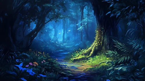 Bioluminescent Forest Cavern with Layered Luminosity and Atmospheric Depth