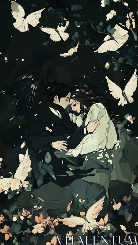 Two figures lie embraced amid birds and dense foliage