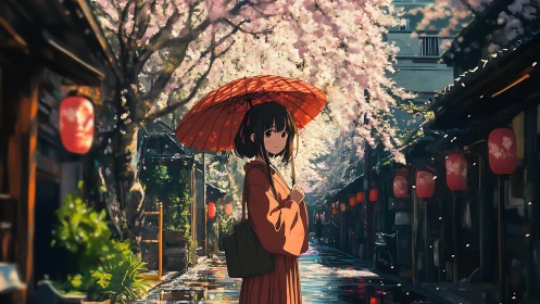 Lantern-lit alleyway stroll beneath drifting sakura petals.
