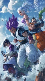 Dynamic anime team in vertical aerial battle composition.