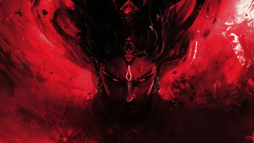 Red monochrome digital portrait depicts central stylized figure