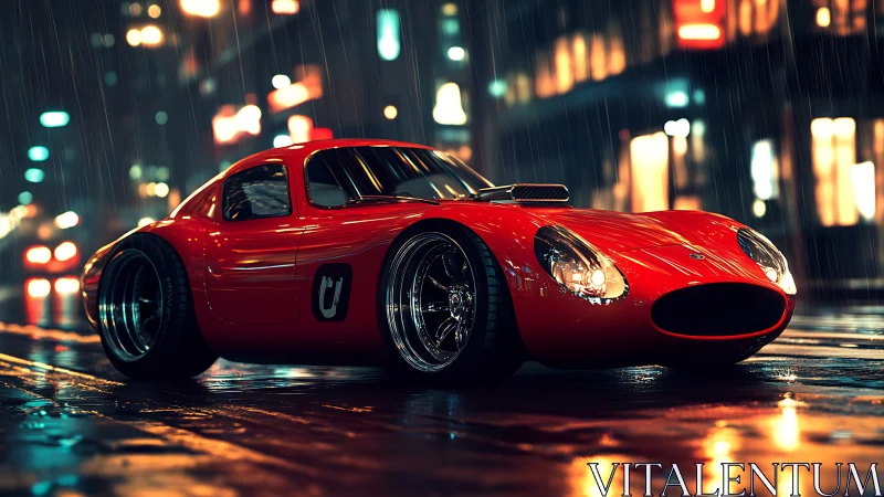 Red sports coupe is parked on wet city street at night