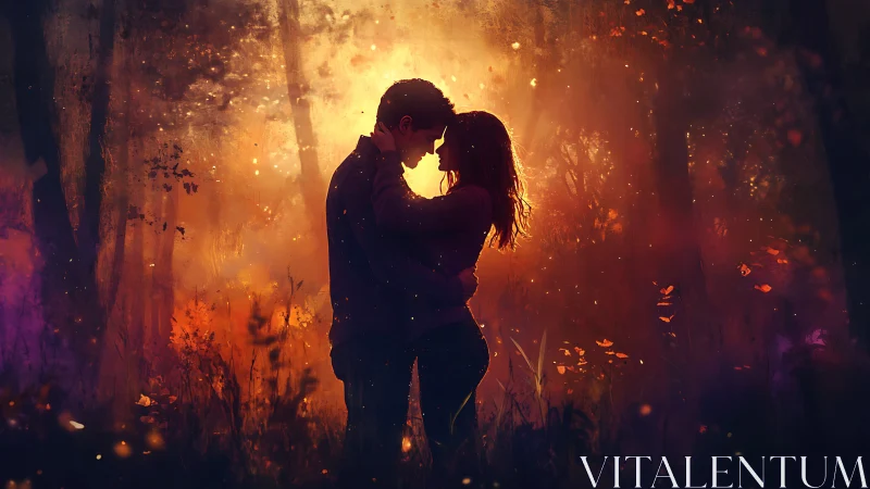 Silhouetted couple embracing in golden forest fire glow
